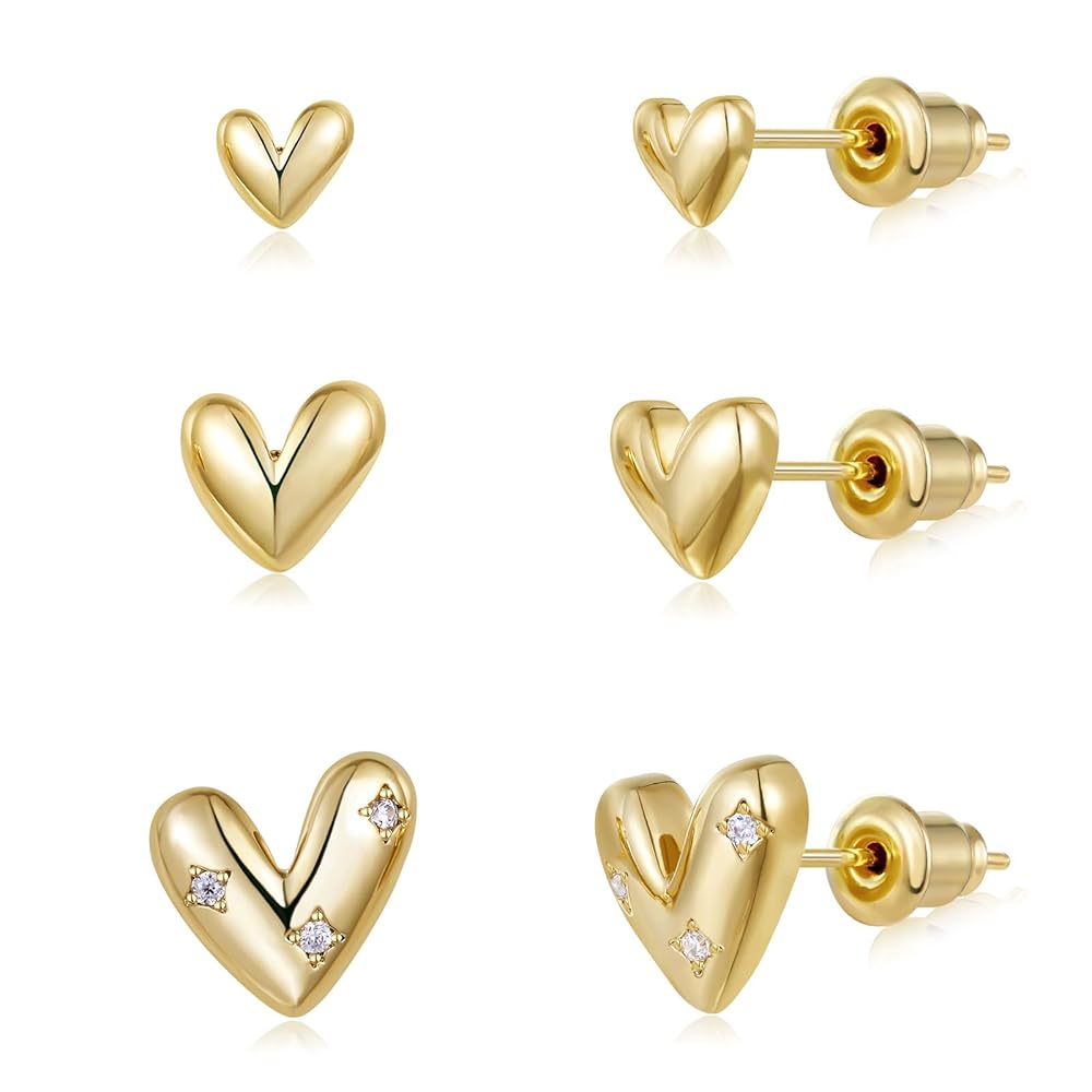 Gold Plated Stud Earrings 3 Pairs