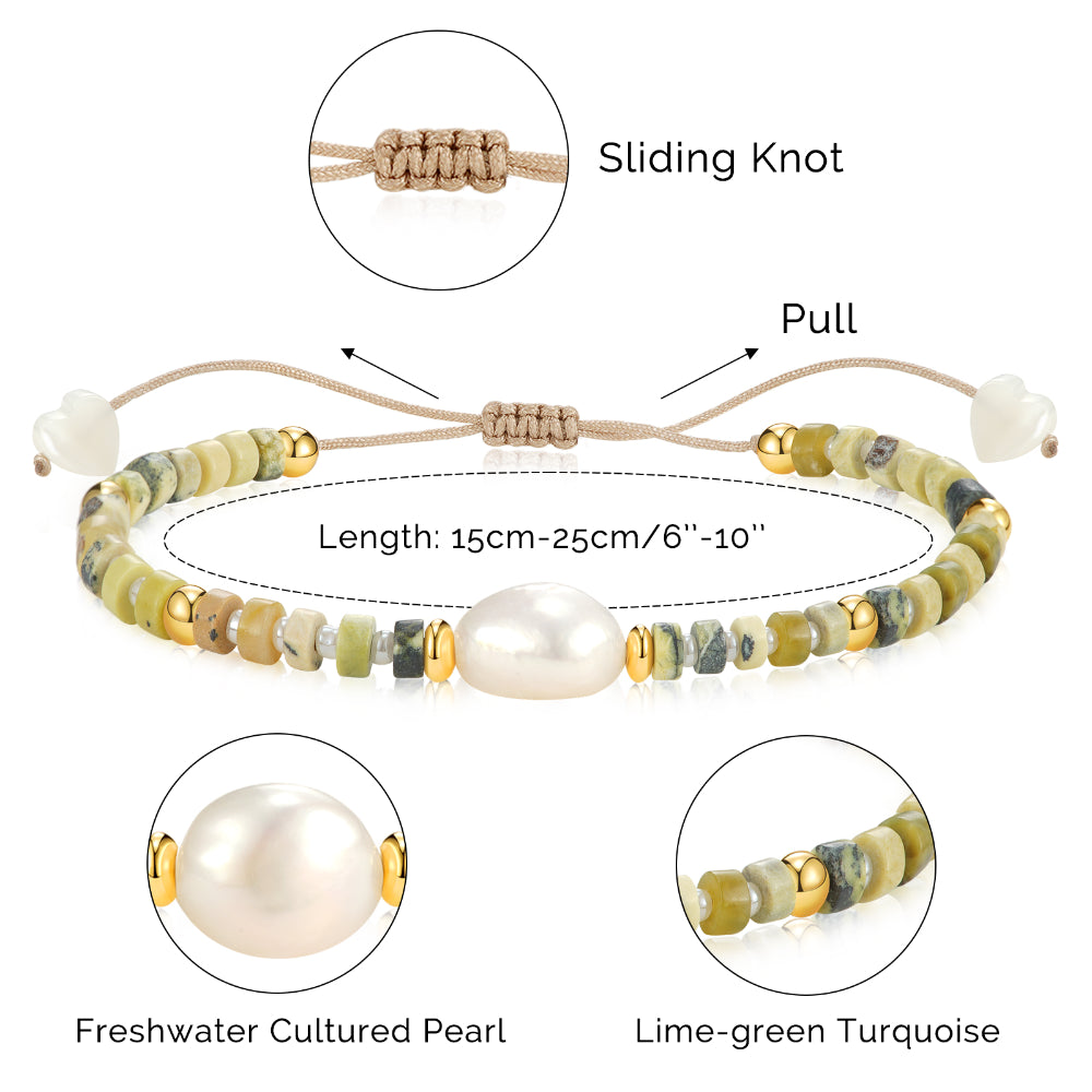 Adjustable Healing Crystal Bracelet Natural Lime-green Turquoise Beads with Irregular Pearl