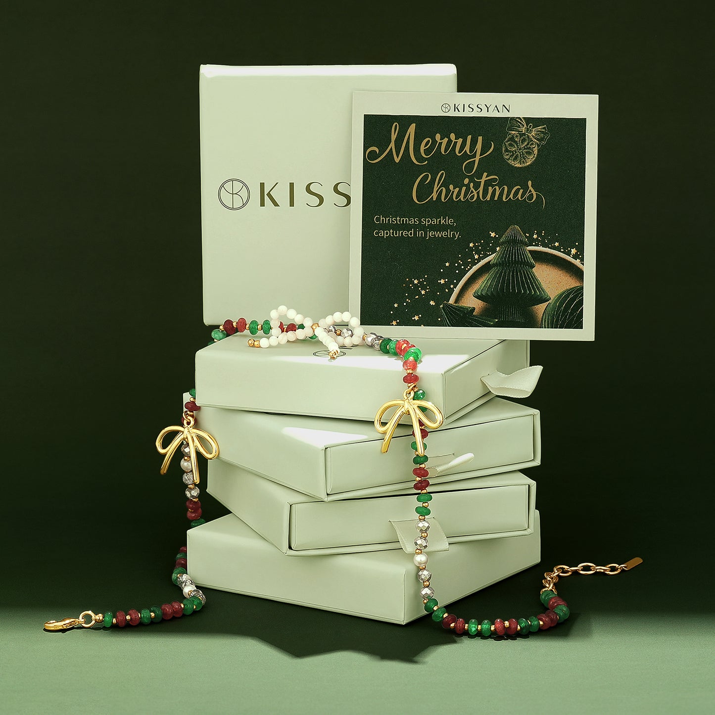 KissYan Christmas Bow Natural Bead Festival Necklace