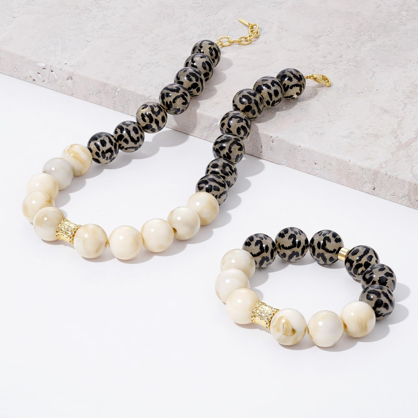 Leopard Print Resin Beaded Necklace and Bracelet Set