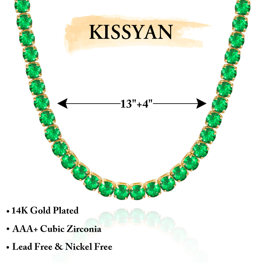 Detailed view of 14K Gold Tennis Necklace with Round Green CZ