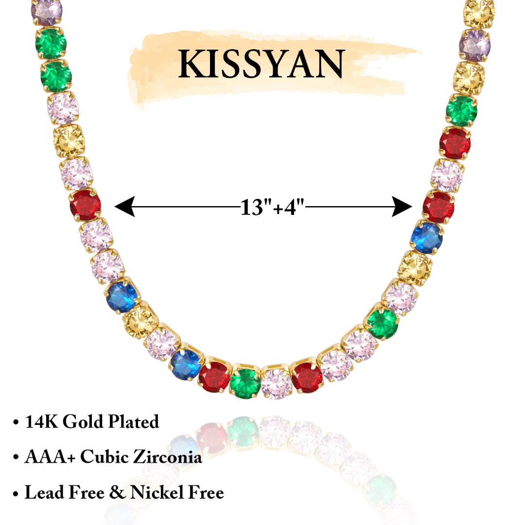 Detailed view of 14K Gold Tennis Necklace with Round Rainbow CZ