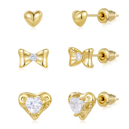 Gold Plated Stud Earrings 3 Pairs