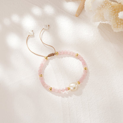 Adjustable Healing Crystal Bracelet Natural Rose Quartz Beads with Irregular Pearl