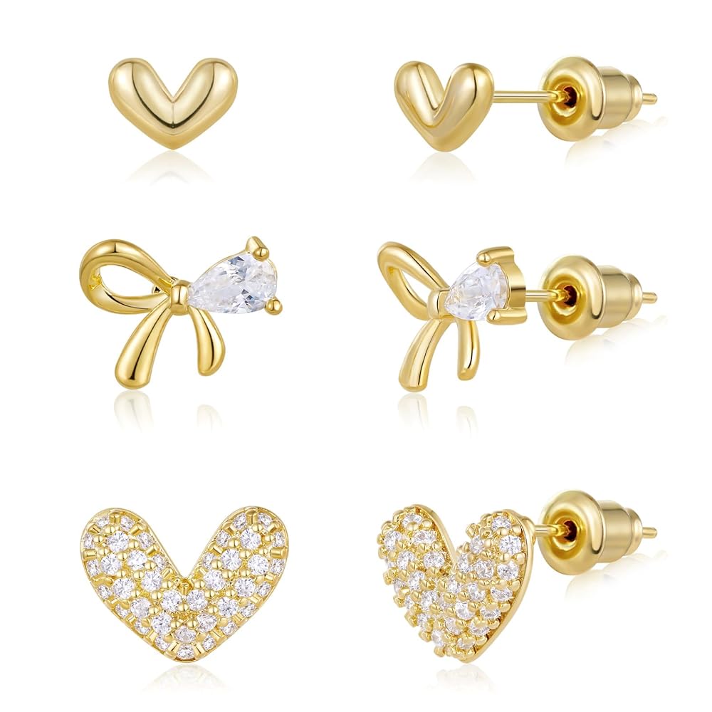 Gold Plated Stud Earrings 3 Pairs