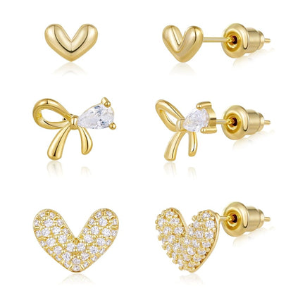 Gold Plated Stud Earrings 3 Pairs
