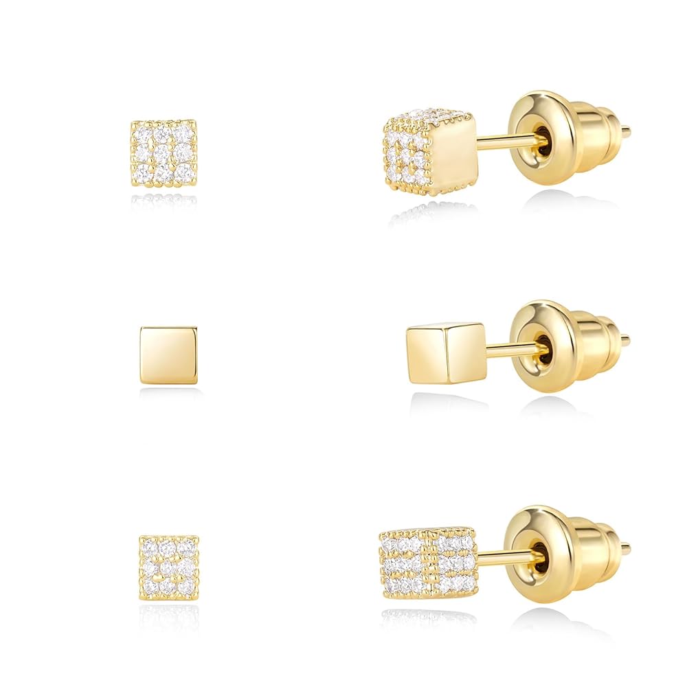 Gold Plated Stud Earrings 3 Pairs