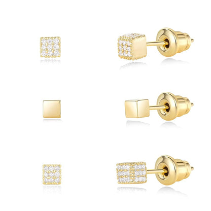 Gold Plated Stud Earrings 3 Pairs