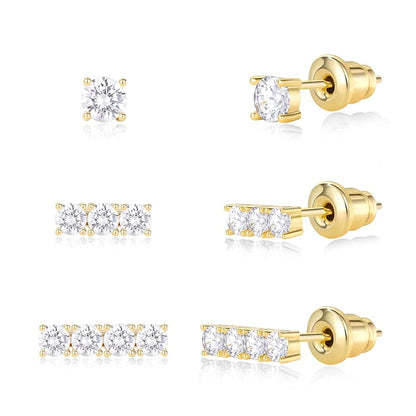Gold Plated Stud Earrings 3 Pairs