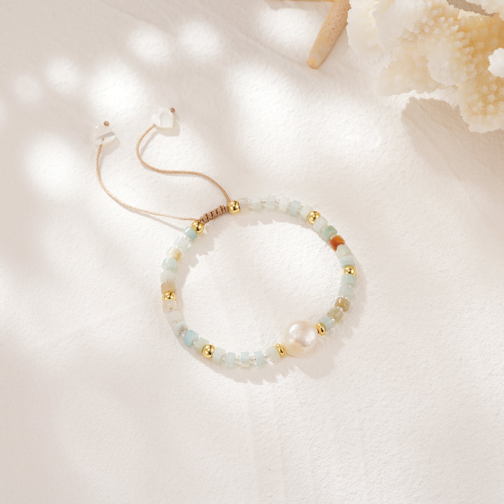 Adjustable Healing Crystal Bracelet Natural Amazonite Beads with Irregular Pearl