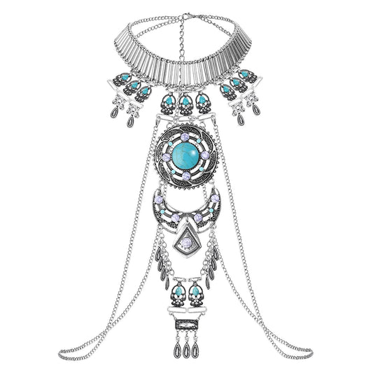 Boho Statement Turquoise Necklace Dancer Necklace Crossover Harness Bikini Waist Belly Sexy Body Chains for Women