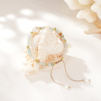 Adjustable Healing Crystal Bracelet Natural Amazonite Beads with Irregular Pearl
