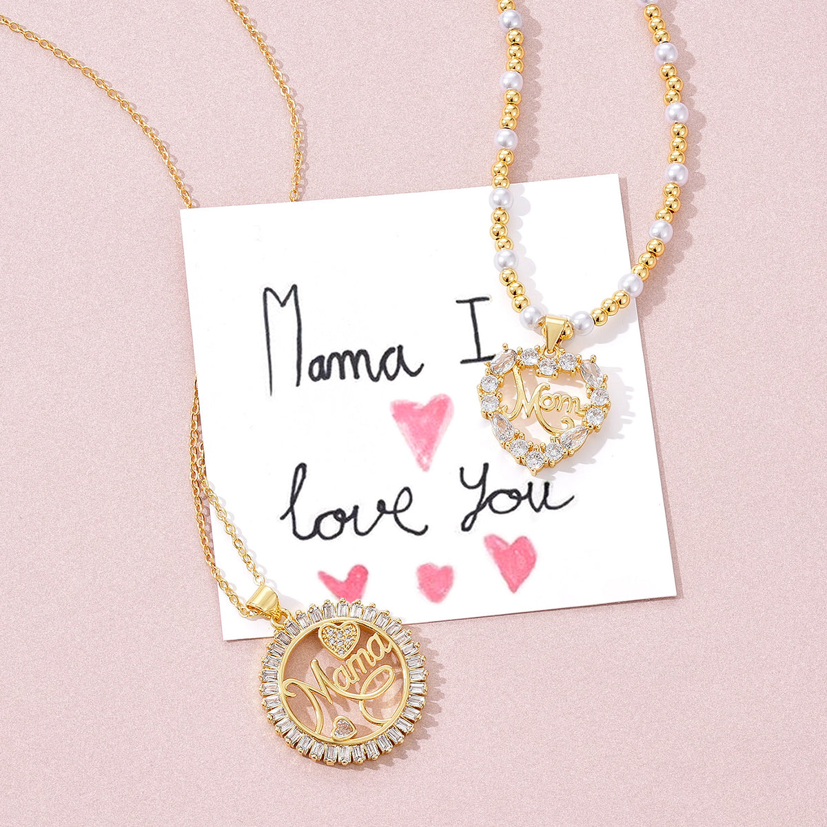Round CZ Heart Pendant Mama Necklace