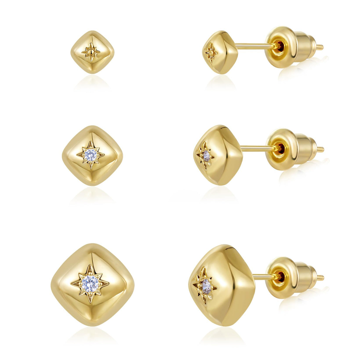 Gold Plated Stud Earrings 3 Pairs