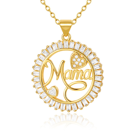 Round CZ Heart Pendant Mama Necklace