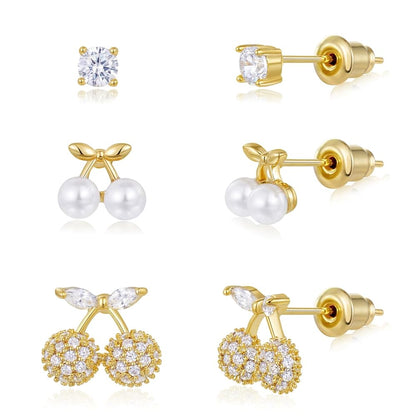 Gold Plated Stud Earrings 3 Pairs