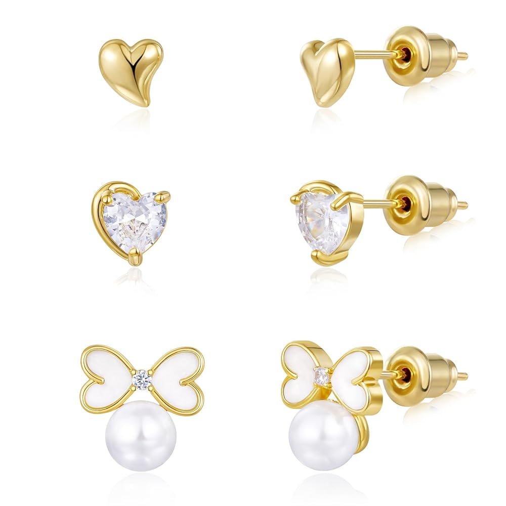 Gold Plated Stud Earrings 3 Pairs