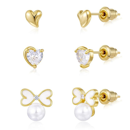 Gold Plated Stud Earrings 3 Pairs