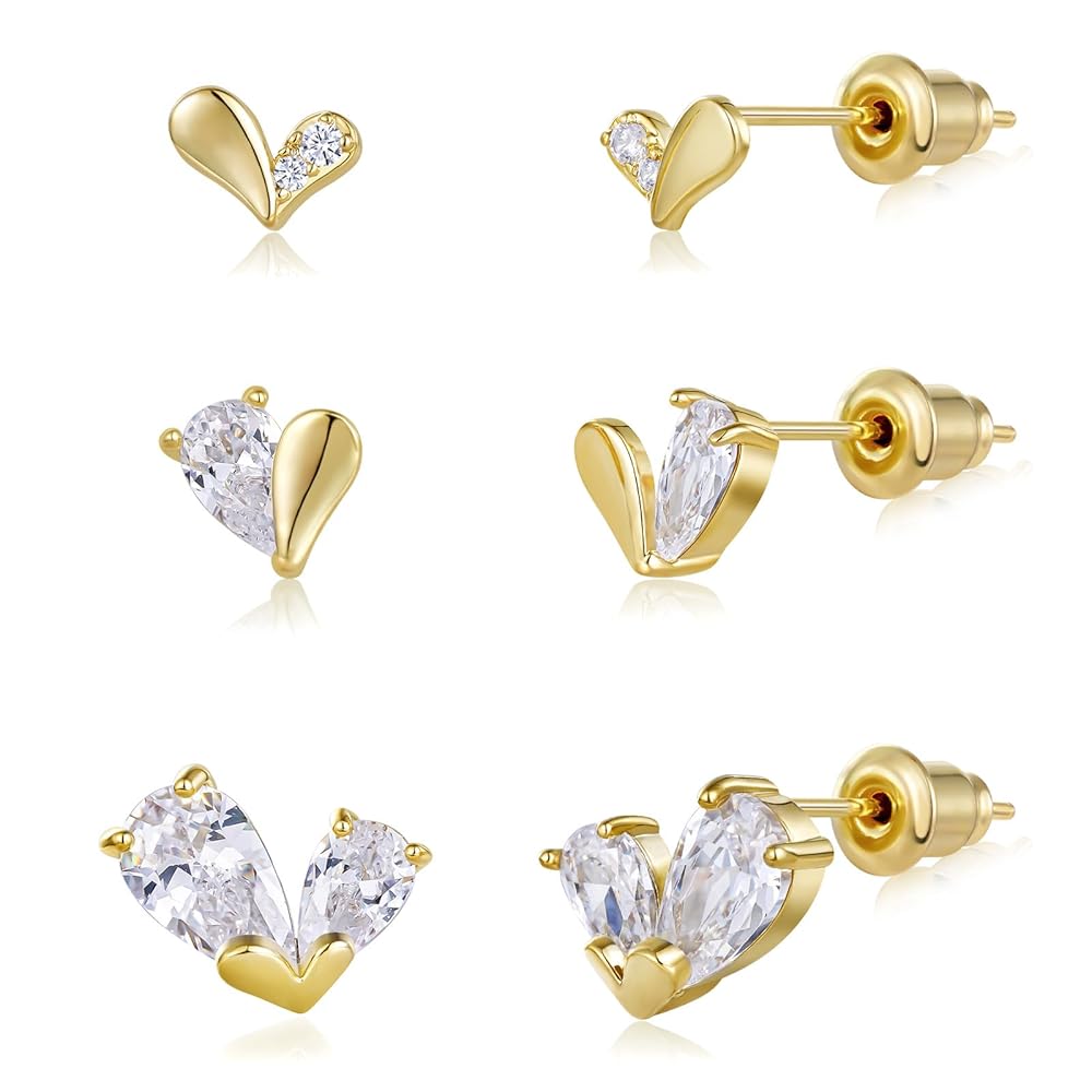 Gold Plated Stud Earrings 3 Pairs
