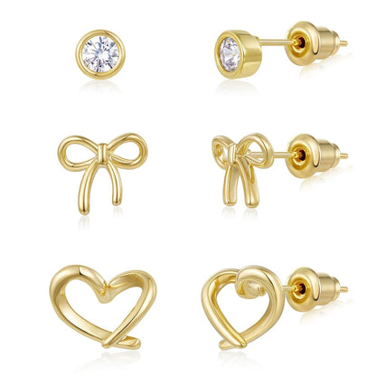 Gold Plated Stud Earrings 3 Pairs