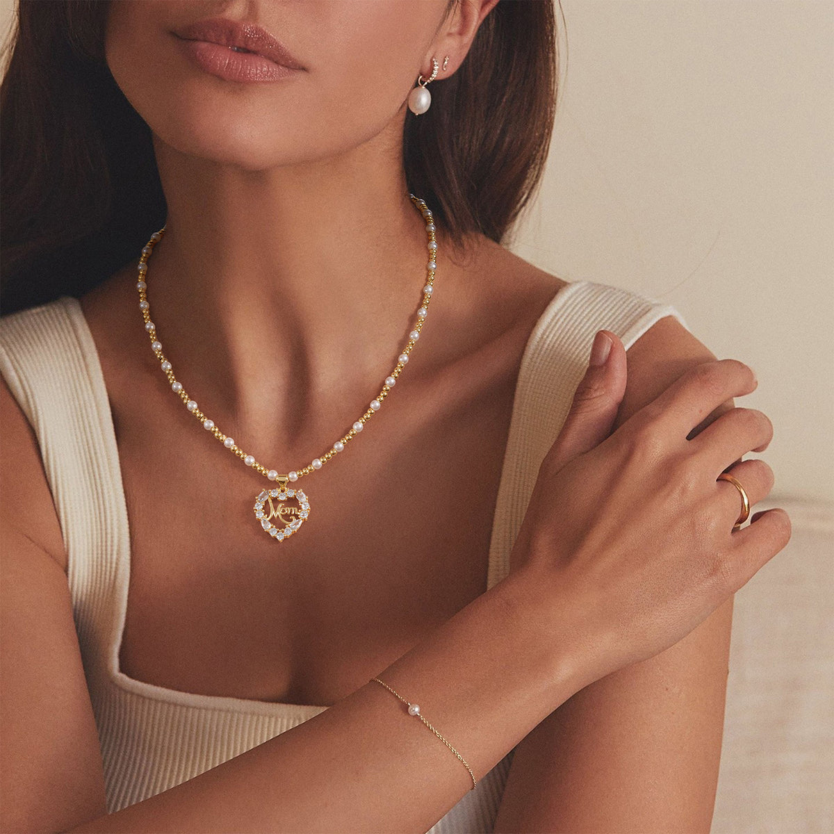 Round CZ Heart Pendant Mama Necklace