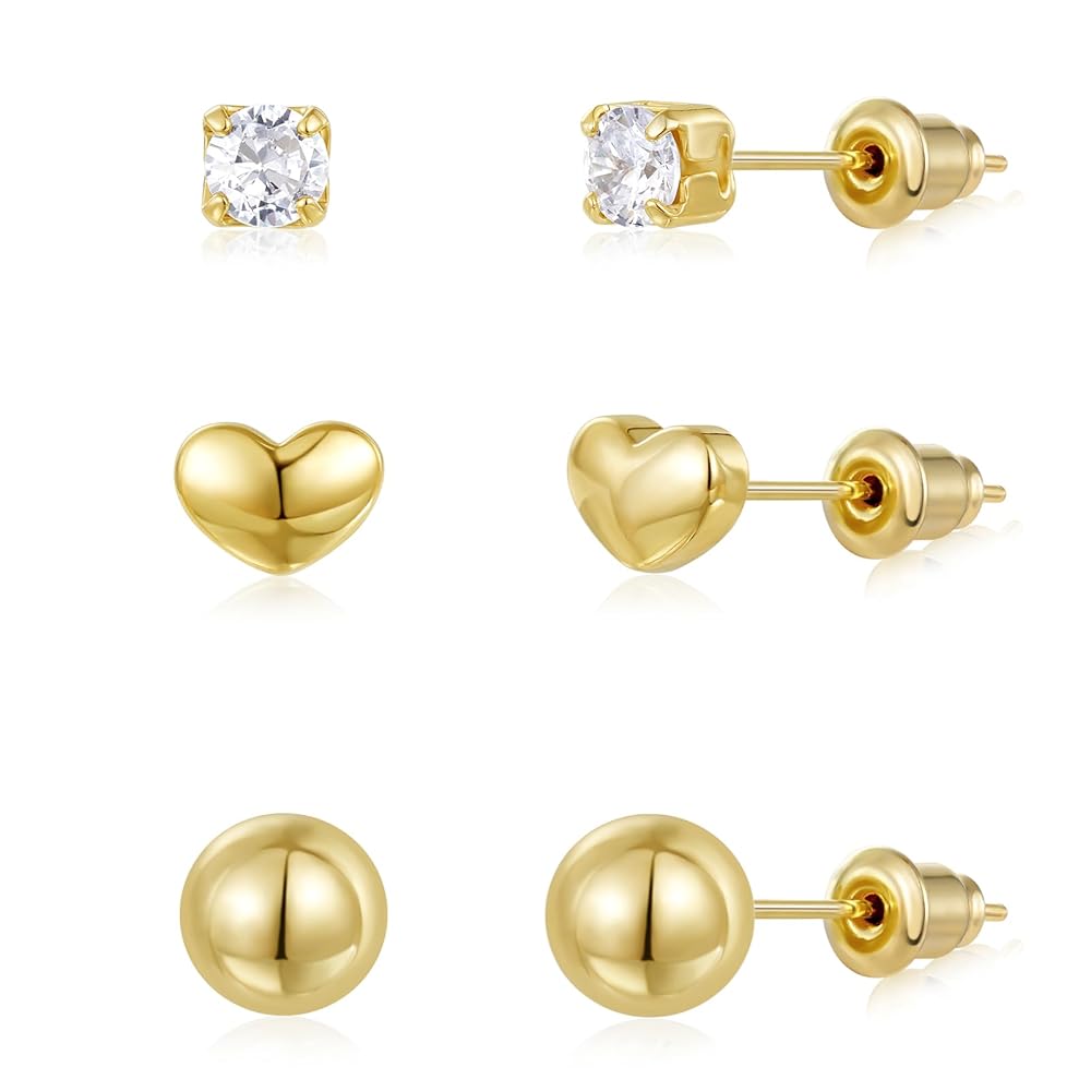 Gold Plated Stud Earrings 3 Pairs