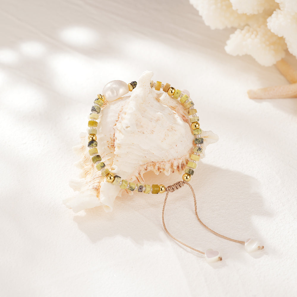 Adjustable Healing Crystal Bracelet Natural Lime-green Turquoise Beads with Irregular Pearl
