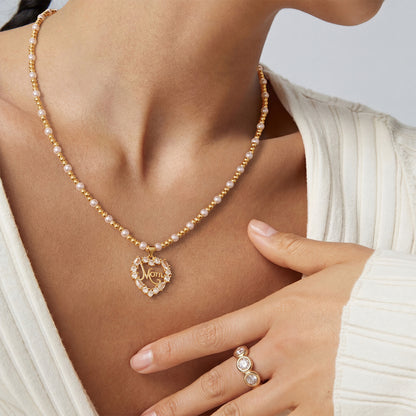 Round CZ Heart Pendant Mama Necklace