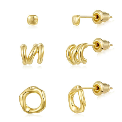 Gold Plated Stud Earrings 3 Pairs