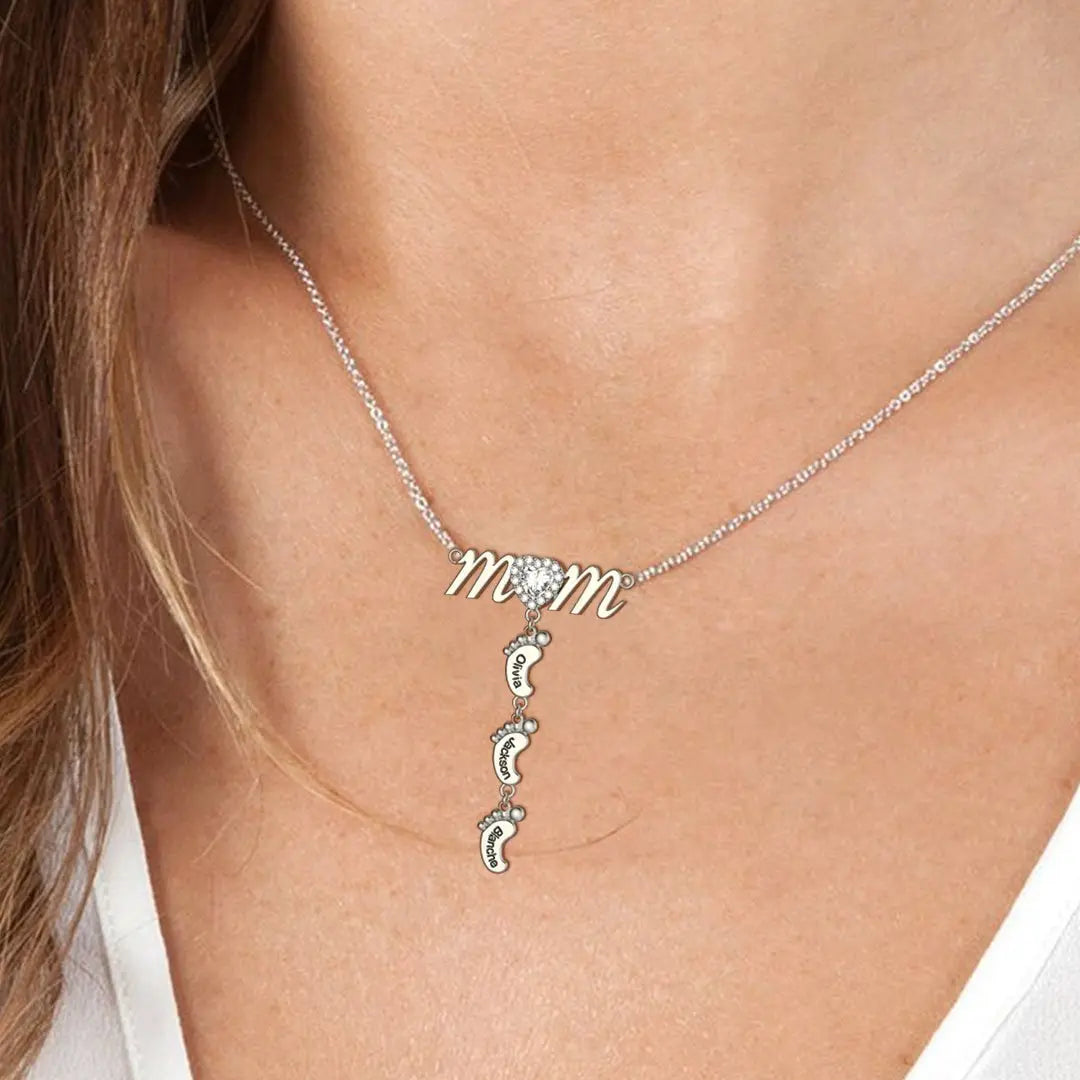 Personalized Baby Footprint Necklace for Mom with Custom Names