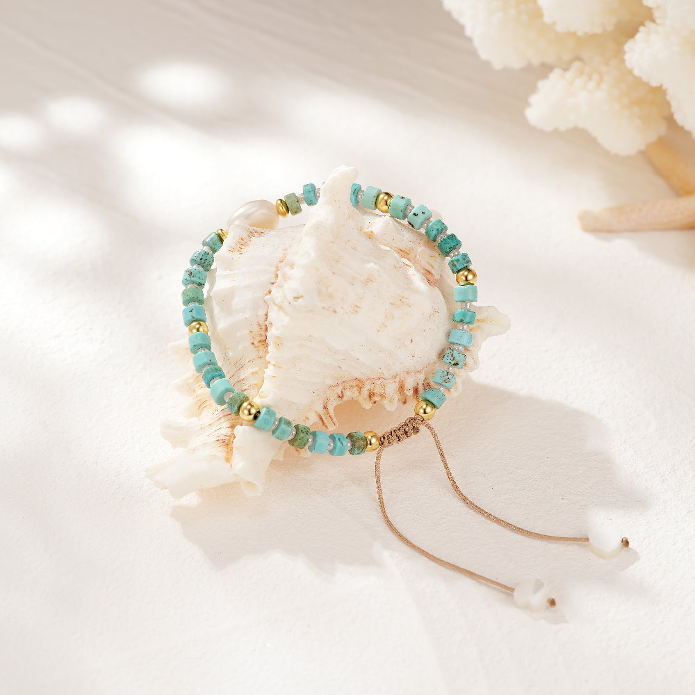 Adjustable Healing Crystal Bracelet Natural Turquoise Beads with Irregular Pearl