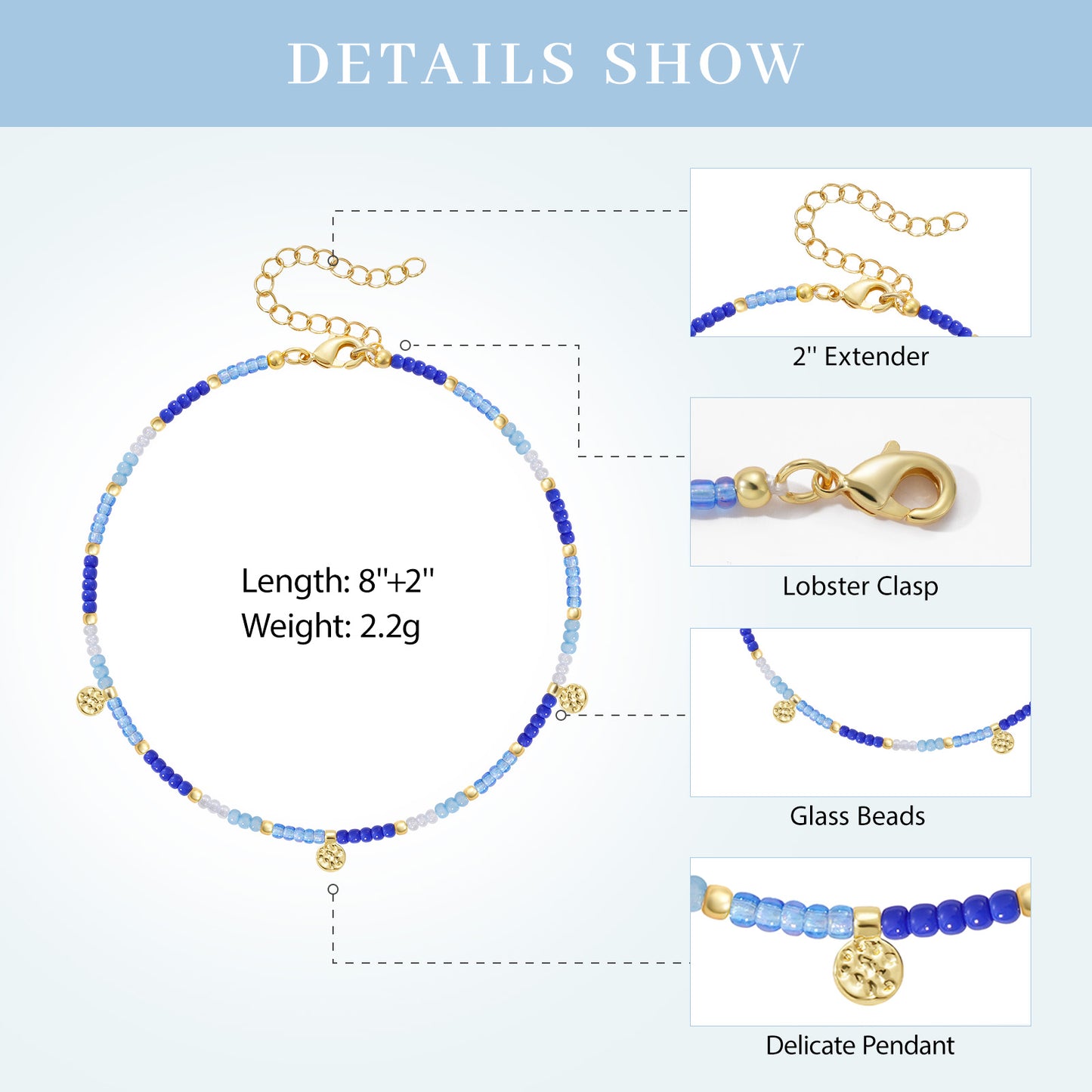 Beaded Ankle Bracelet with Charm, Waterproof Gift for Women