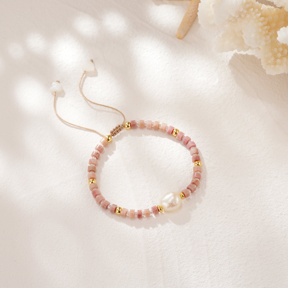 Adjustable Healing Crystal Bracelet Natural Rhodochrosite Beads with Irregular Pearl