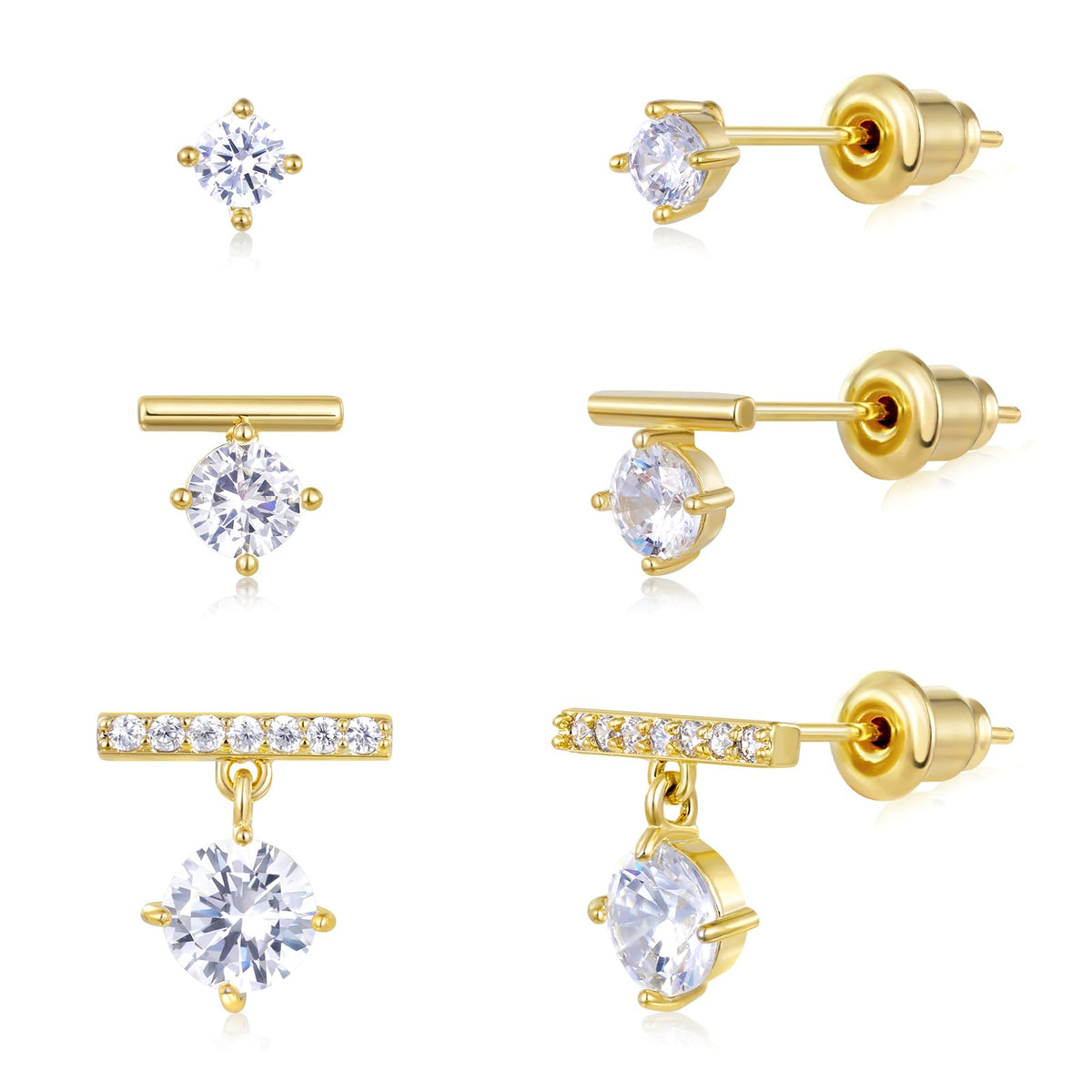 Gold Plated Stud Earrings 3 Pairs