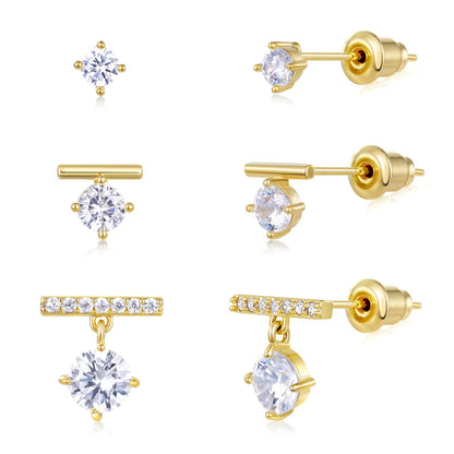 Gold Plated Stud Earrings 3 Pairs