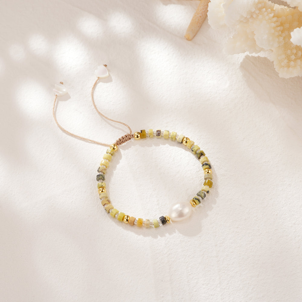Adjustable Healing Crystal Bracelet Natural Lime-green Turquoise Beads with Irregular Pearl