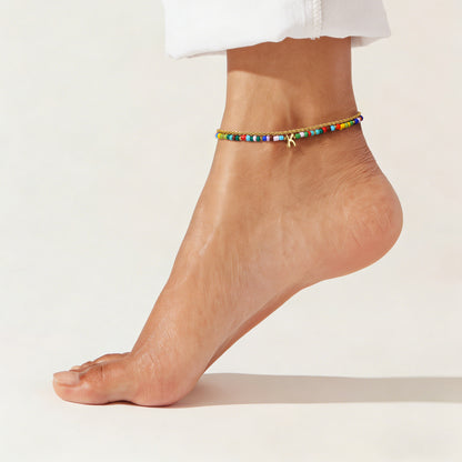 Initial Layered Colorful Beaded Anklet 14K Gold Chain