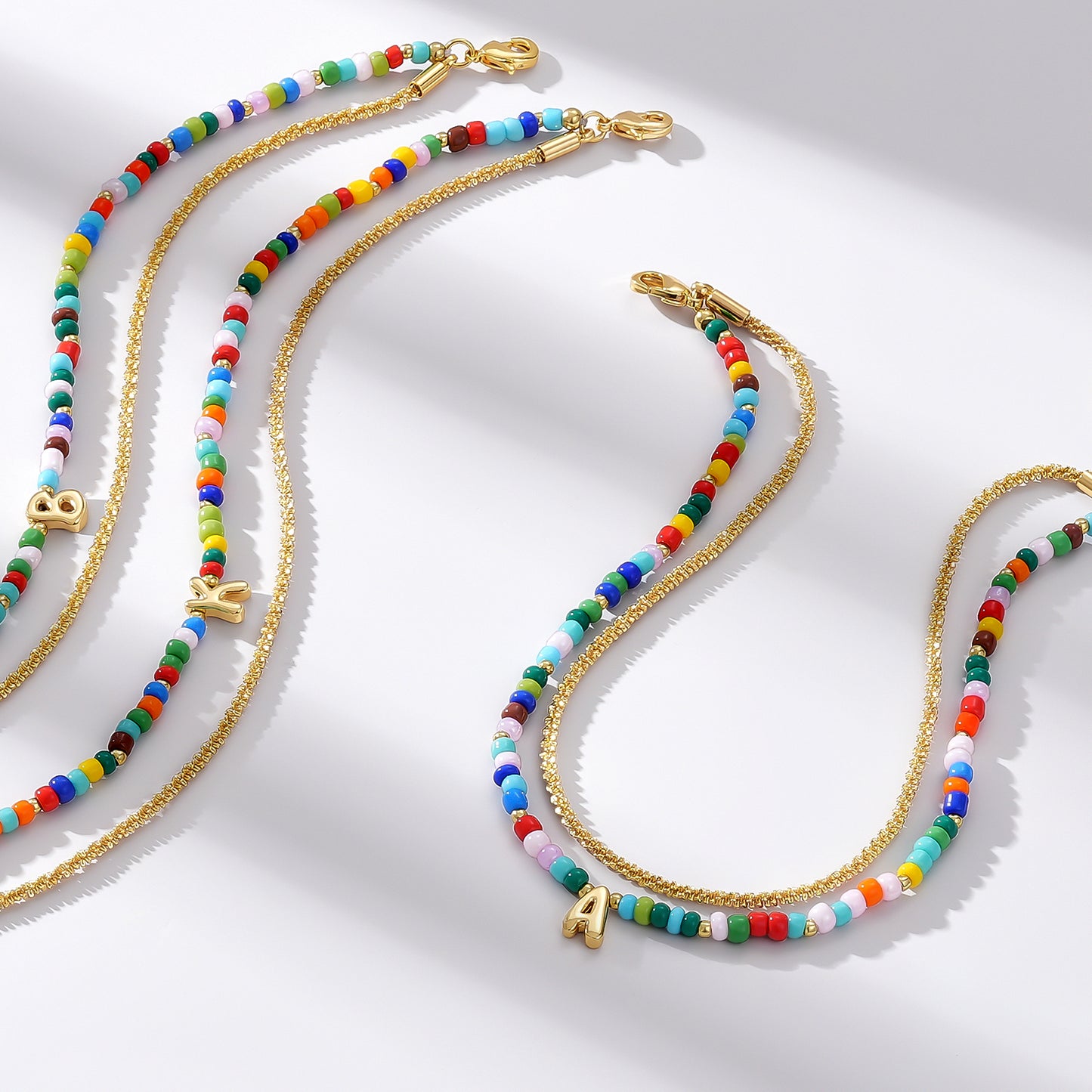Initial Layered Colorful Beaded Anklet 14K Gold Chain