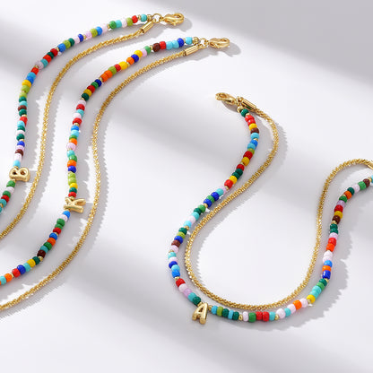 Initial Layered Colorful Beaded Anklet 14K Gold Chain
