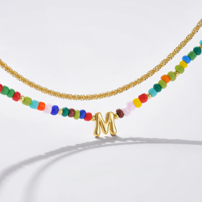 Initial Layered Colorful Beaded Anklet 14K Gold Chain