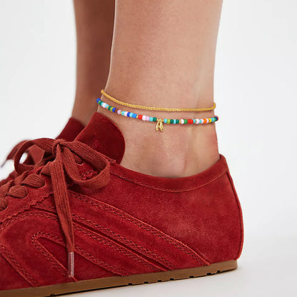 Initial Layered Colorful Beaded Anklet 14K Gold Chain