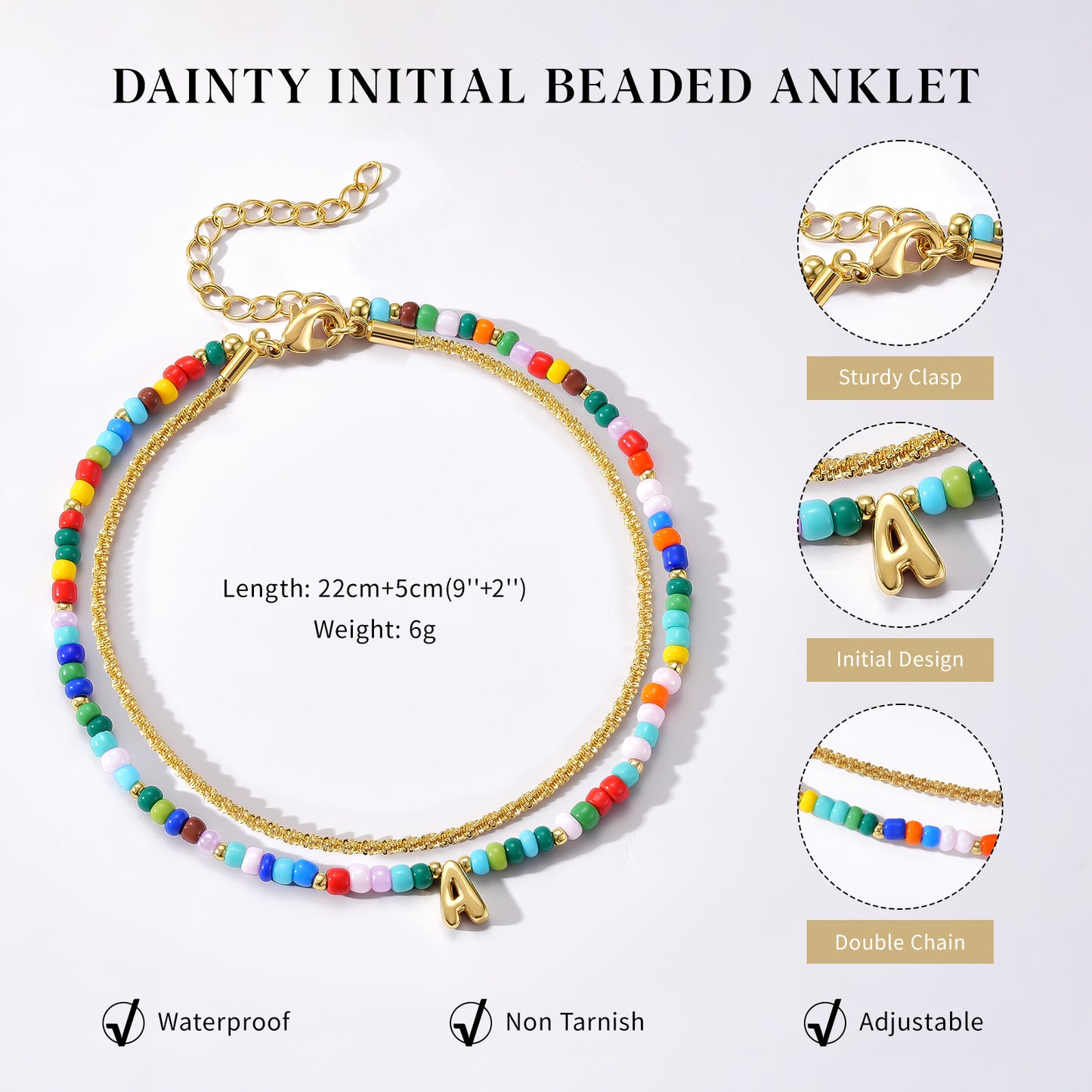 Initial Layered Colorful Beaded Anklet 14K Gold Chain