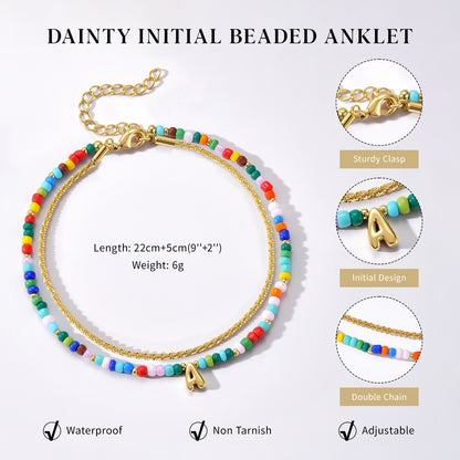 Initial Layered Colorful Beaded Anklet 14K Gold Chain