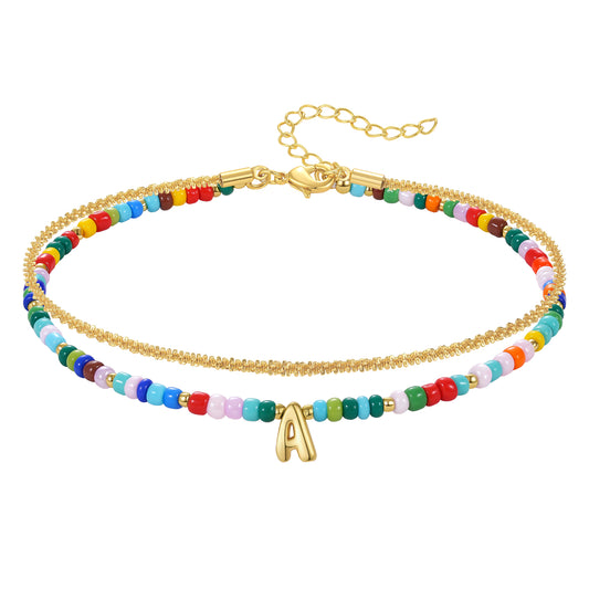 Initial Layered Colorful Beaded Anklet 14K Gold Chain