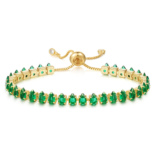 Bubble Initial Adjustable Slider Teardrop Tennis Bracelets-Green CZ