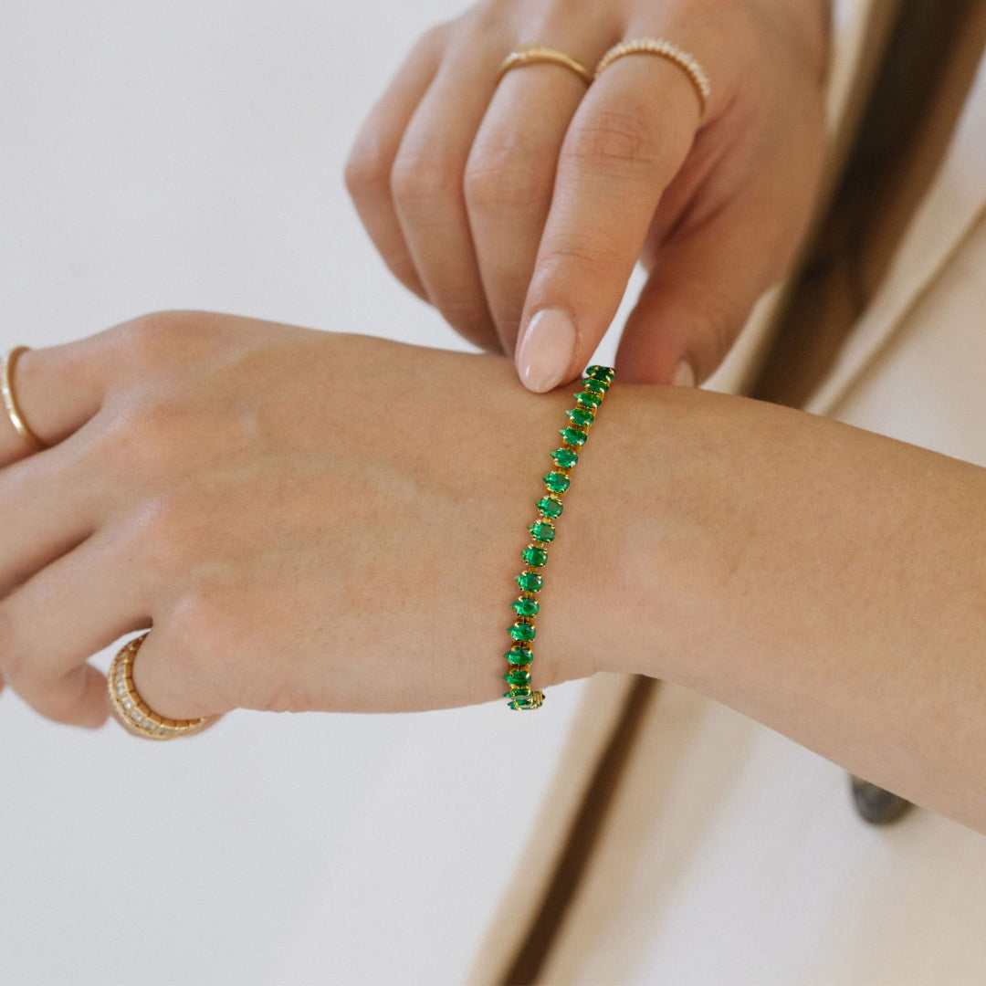 Bubble Initial Adjustable Slider Teardrop Tennis Bracelets-Green CZ