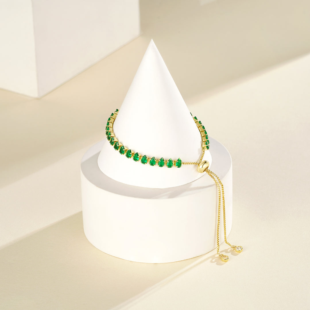 Bubble Initial Adjustable Slider Teardrop Tennis Bracelets-Green CZ