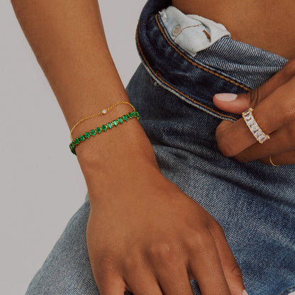 Bubble Initial Adjustable Slider Teardrop Tennis Bracelets-Green CZ