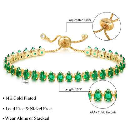 Bubble Initial Adjustable Slider Teardrop Tennis Bracelets-Green CZ