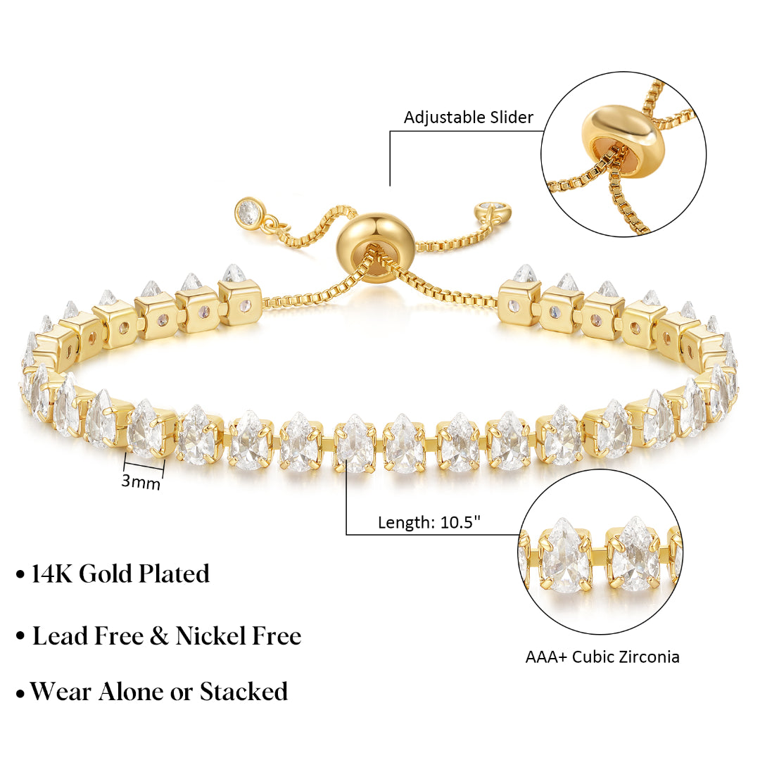 Adjustable Slider Teardrop Tennis Bracelets-White CZ